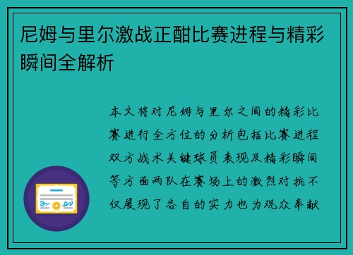 尼姆与里尔激战正酣比赛进程与精彩瞬间全解析